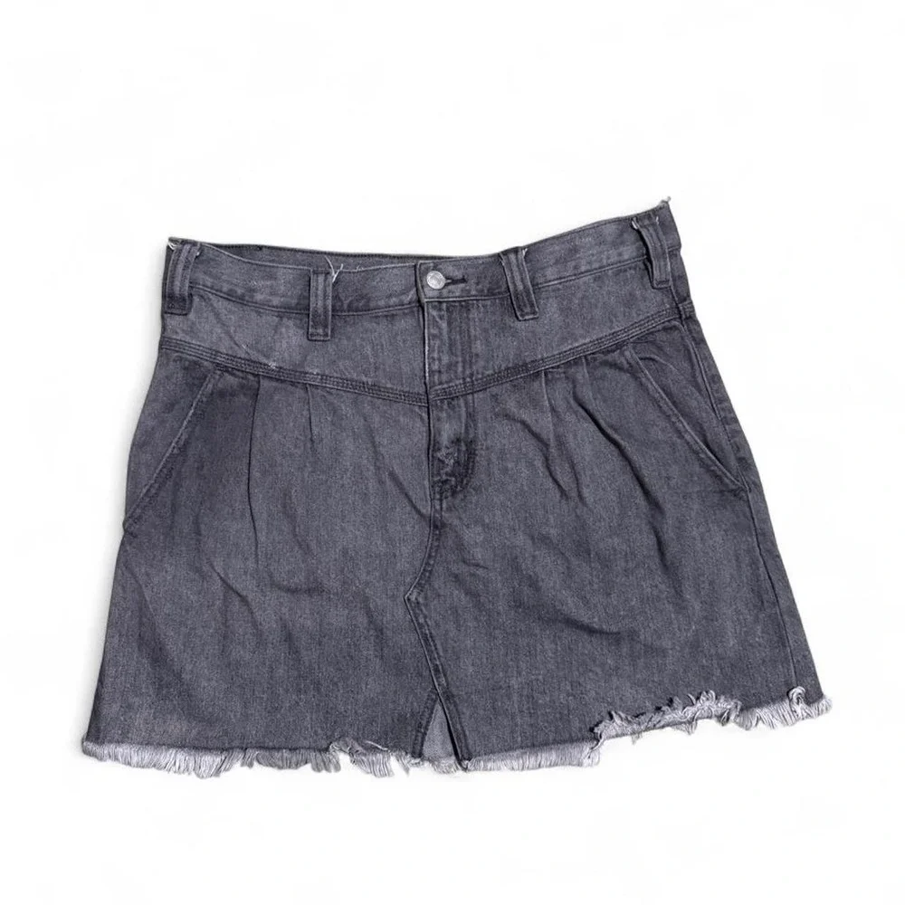 Free People Sidecar Denim Mini Skirt Black Raw Hem High Rise Size 31